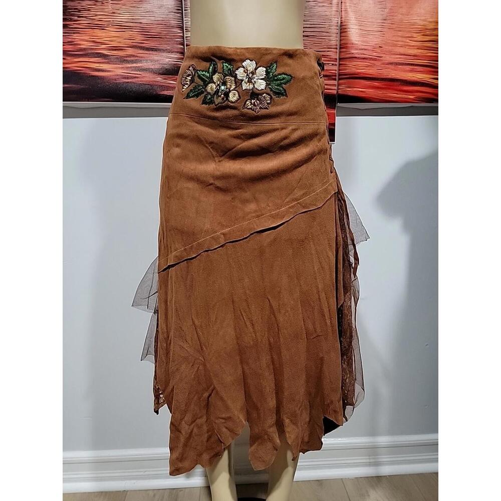 Alberto Makali (Size 6) Embroidered Suede Asymmetrical Boho Lace Layer Skirt #4 - Picture 6 of 12